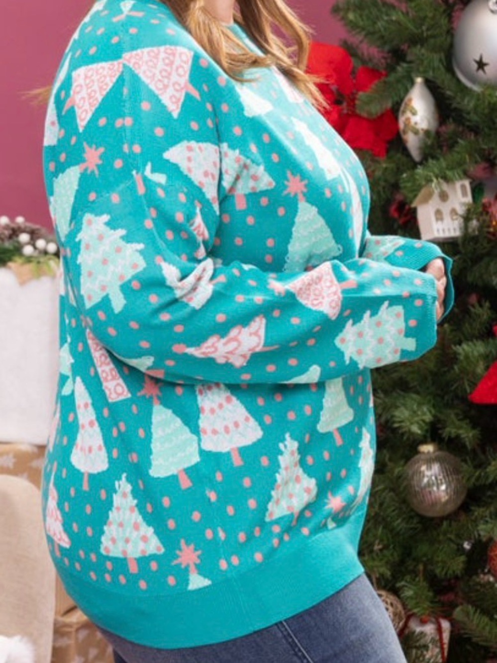 Women's Teal Holiday Tree Sweater. Dear Scarlett. Small. - Picture 2 of 3